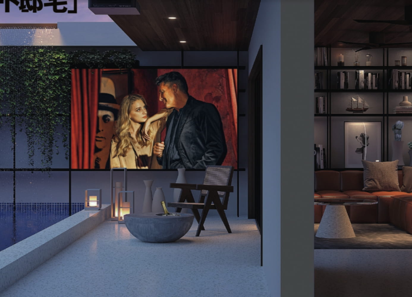 ヴィラの中でプロジェクターでリゾート感をだしつつ、みんなで楽しでいるところを想像できる写真